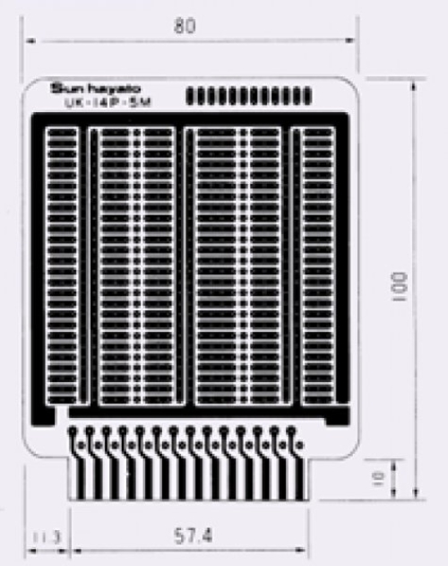 UK-14P-5M(70)|4mmピッチ|端子付き基板|IC用連結ドットパターン＋電源用パターン|両面・紙フェノール|80&times;100mm&times;1.6t
