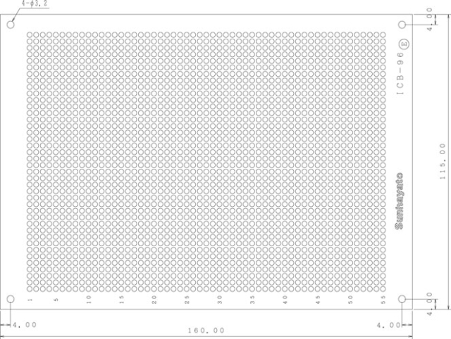 ICB-96|ユニバーサル基板|全面ドットパターン|紙フェノール(FR-1）片面|115&times;160&times;1.6t