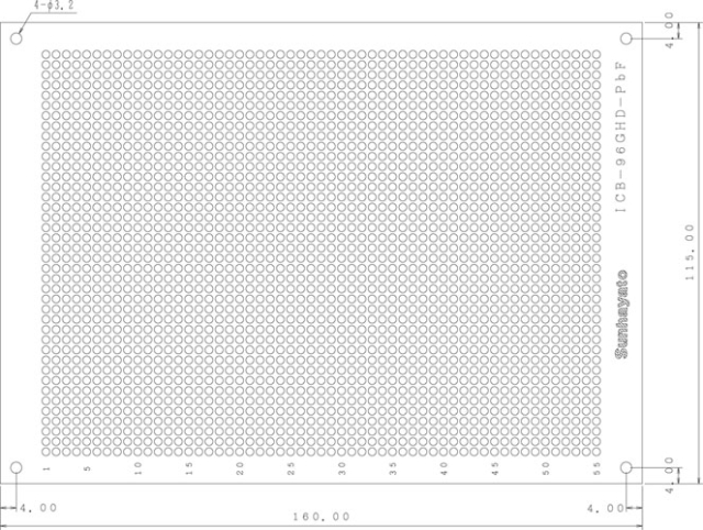 ICB-96GHD-PbF ,ユニバーサル基板, 2.54mmピッチドットパターン穴径0.9&phi;, ガラスエポキシ(FR-4)両面, 115&times;160&times;1.6t